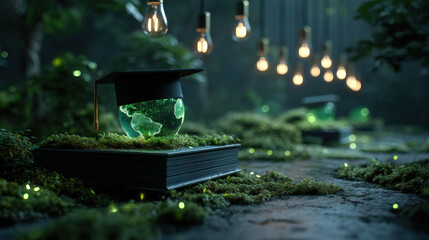 Aufkleber - glowing globe wearing graduation cap sits atop thick textbook surrounded by lush greenery and hanging light bulbs, symbolizing education and sustainability