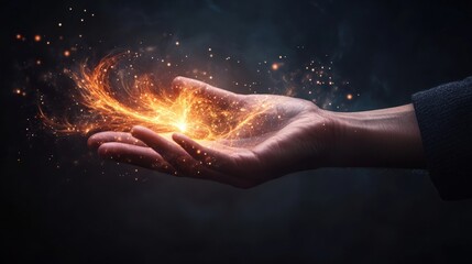 Aufkleber - A person's open palm gently cradles a swirling ethereal flame radiating sparks and energy against a dark smoky background of mystery and light