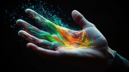 Aufkleber - An open hand cradling vibrant swirling streaks of teal green orange and red light emanating from darkness creating a magical, ethereal atmosphere