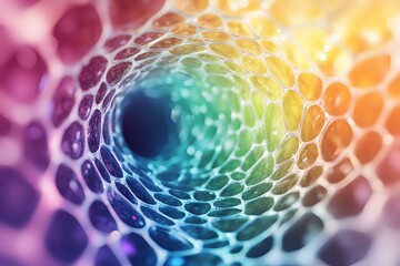 Poster - Colorful abstract tunnel made of hexagonal cells in rainbow spectrum colors, creating depth perspective with blurred bokeh effect and bright light glow.