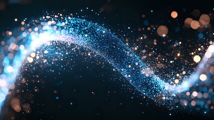 Poster - Magical glowing blue light trail with sparkling particles and bokeh effects on dark background, creating dynamic motion and energy flow pattern.