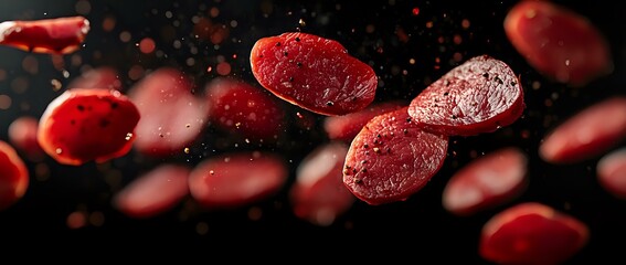 Aufkleber - Red blood cells floating in plasma against dark background with dramatic lighting and depth of field effect, medical science visualization concept.
