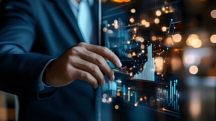 Poster - Asian businessman analyzing digital financial charts and market data on futuristic transparent display with glowing bokeh lights in dark office environment.