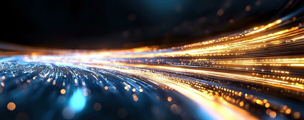 Poster - abstract light trails and glowing particles flowing in curved motion against dark background, creati