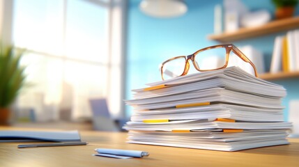 Poster - A stack of paperwork rests on a desk, accompanied by a pair of glasses, set in a bright, modern workspace with soft natural light.