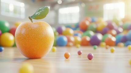 Aufkleber - A Single Bright Orange with Leaf on Wooden Floor Surrounded by a Blurry Background of Colorful Plastic Balls in a Spacious Indoor Environment
