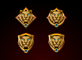 Fototapete - set of lion head with various badge shield, golden 3d game icon fantasy style