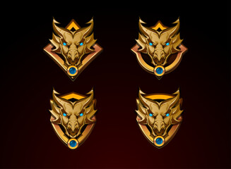Fototapete - dragon badge logo set with shield border frame, golden 3d game icon fantasy style