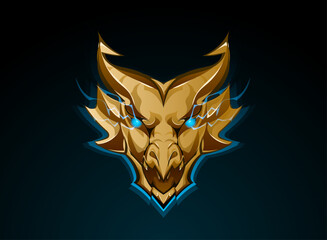Fototapete - dragon head roaring logo badge with blue lightning eyes aura, golden 3d game icon fantasy style