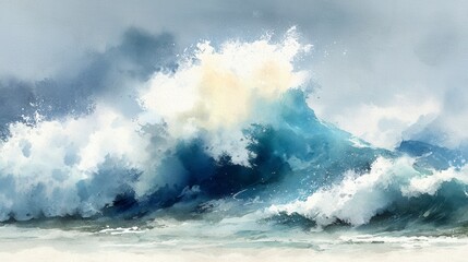 Poster - ocean wave watercolor painting, blue and white hues, dynamic splash, textured surface.
