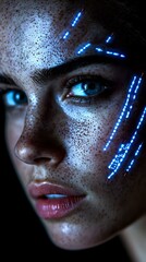 Poster - Close-up portrait of young woman with freckles and glowing blue light patterns on face, dramatic dark background and ethereal cyberpunk aesthetic lighting effects.
