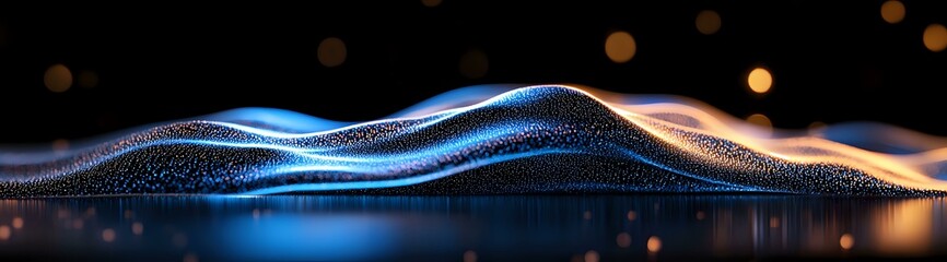 Poster - Glowing blue and orange light waves flow across dark background with bokeh particles, creating futuristic abstract motion effect for technology designs.
