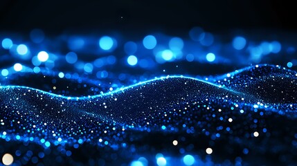 Poster - glowing blue particles form dynamic waves against dark background, creating futuristic digital lands