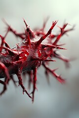 Poster - Macro photography of spiky red organic structure with sharp thorny protrusions against blurred gray background, dramatic lighting highlights glossy surface texture.