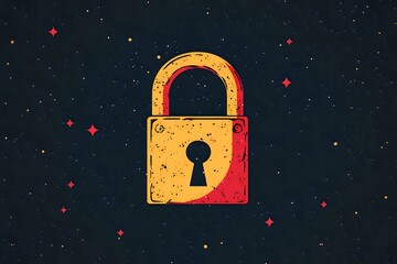 Poster - Golden padlock icon floating in starry night sky with red glowing highlights and vintage texture effect, symbolizing security and protection on dark background.