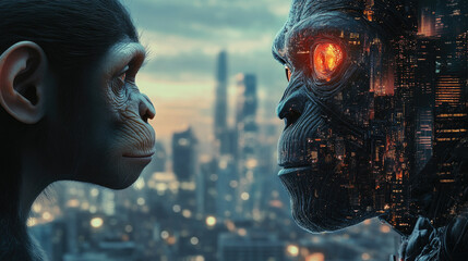 Poster - Futuristic digital photo of primate evolution into cybernetic organisms,showcasing transition from nature to advanced artificial intelligence,symbolizing technological progress,hybrid identity