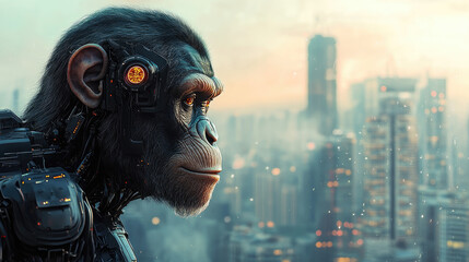 Poster - Futuristic digital photo of primate evolution into cybernetic organisms,showcasing transition from nature to advanced artificial intelligence,symbolizing technological progress,hybrid identity