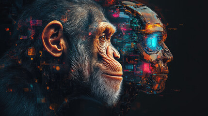 Poster - Futuristic digital photo of primate evolution into cybernetic organisms,showcasing transition from nature to advanced artificial intelligence,symbolizing technological progress,hybrid identity