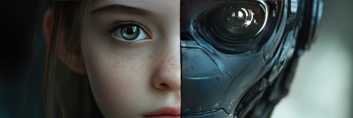 Poster - Futuristic digital photo of primate evolution into cybernetic organisms,showcasing transition from nature to advanced artificial intelligence,symbolizing technological progress,hybrid identity