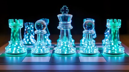Poster - Glowing chess pieces in turquoise blue light on chessboard create dramatic atmosphere. Strategic game pieces illuminate against dark background showing power and strategy.