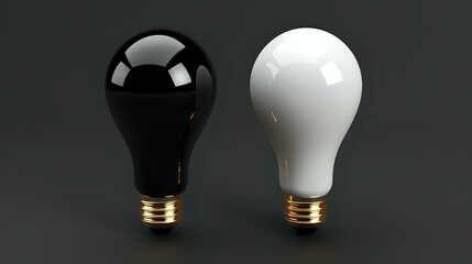 Poster - Black and white light bulbs with brass bases on dark background, symbolizing contrast, innovation and creative concepts. Minimalist composition for business designs.