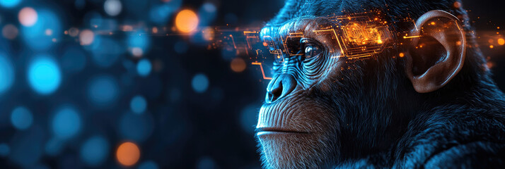 Poster - Futuristic digital photo of primate evolution into cybernetic organisms,showcasing transition from nature to advanced artificial intelligence,symbolizing technological progress,hybrid identity