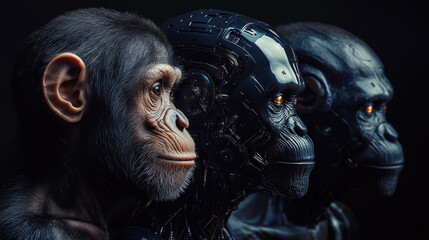 Poster - Futuristic digital photo of primate evolution into cybernetic organisms,showcasing transition from nature to advanced artificial intelligence,symbolizing technological progress,hybrid identity