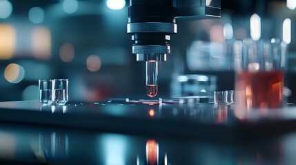 Poster - Automated laboratory equipment performing liquid sample analysis with precision pipetting system against blurred scientific background with test tubes.