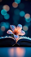 Poster - Magical glowing flower emerges from open book pages against dark background with turquoise bokeh lights, creating dreamy atmosphere for fantasy designs.