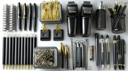 Poster - Black and gold office supplies arranged on a white background. Pens, pencils, paper clips, and other stationery items are neatly organized.