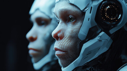 Poster - Futuristic digital photo of primate evolution into cybernetic organisms,showcasing transition from nature to advanced artificial intelligence,symbolizing technological progress,hybrid identity