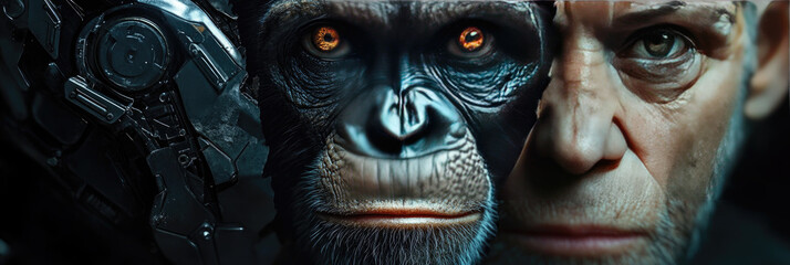 Poster - Futuristic digital photo of primate evolution into cybernetic organisms,showcasing transition from nature to advanced artificial intelligence,symbolizing technological progress,hybrid identity