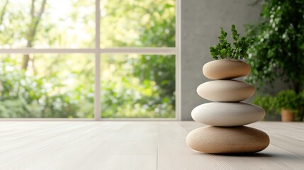 Poster - A Serene Stack of Four Smooth Stones with a Small Green Plant on a Light Wood Floor by a Large Window Overlooking a Blurred Green Landscape