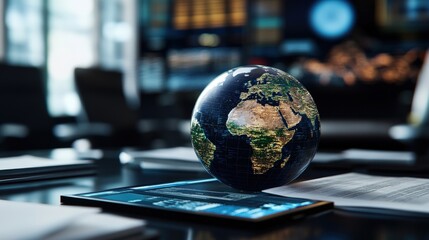 Poster - Glass globe on tablet show data atop papers on dark desk in modern office with blurred monitors creating a tech-savvy workspace environment