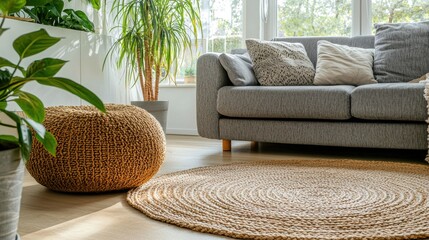 Aufkleber - Cozy interior scene of a home with comfortable seating area in living room featuring a stylish gray sofa and round rug