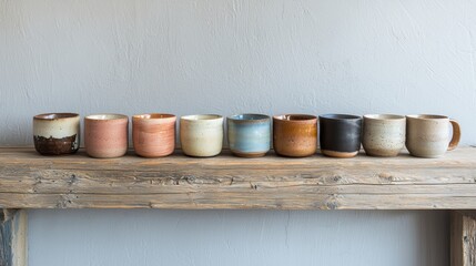Aufkleber - Rustic Ceramic Mugs Displayed on Vintage Wooden Shelf Against Grey Wall Background Minimalist Still Life Simple Decor