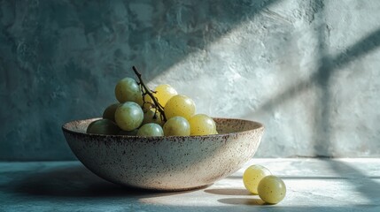 Aufkleber - Scenic rustic table arrangement bowl of grapes still life soft light artistic backdrop food photography