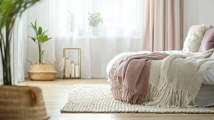 Aufkleber - Serene bedroom escape showcasing minimalist interior design plush throws and natural light