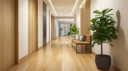 Poster - Tranquil hallway indoor scene with wood floor doors plant bench and natural light creating inviting ambiance