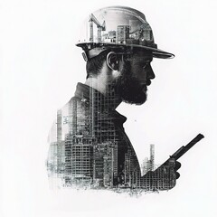 Poster - Double Exposure Engineer in Urban City Landscape Drawing
