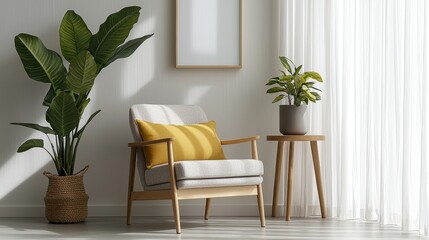 Poster - Bright interior shot of an armchair with yellow pillow next to table with plants, indoor and minimalist style