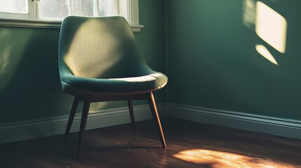 Poster - Green upholstered chair in light filled room with wooden floor and soft sunlight creating shadows on wall