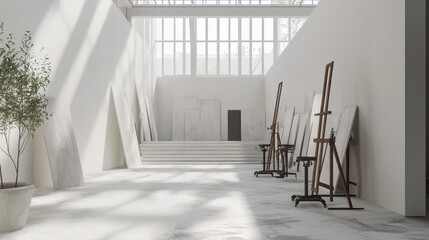 Aufkleber - Luminous art studio with easels canvases and potted plant against white minimalist architectural backdrop