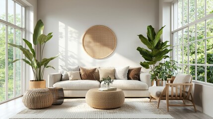 Aufkleber - Serene living room filled with natural light featuring a sofa plants rug coffee table and a cozy armchair