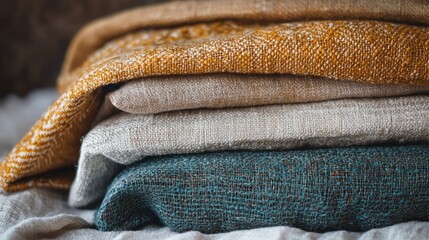 Fototapete - Stack of folded linen fabric natural fiber textile close up shot with warm color palette soft light