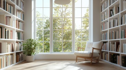 Poster - Serene reading room with natural light streaming through the expansive window and abundant book collection
