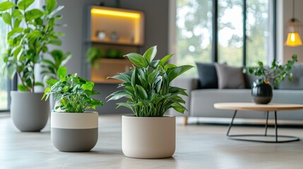 Poster - Serene interior with lush indoor plants in minimal pots enhancing a bright modern living space ambience
