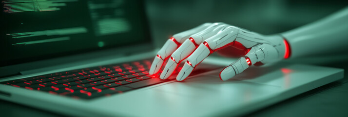 Aufkleber - Detailed image of a futuristic robotic hand interacting with a minimalist laptop, lit by soft
