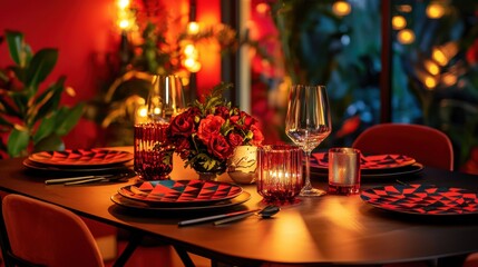 Aufkleber - Elegant dinner table setting with vibrant floral arrangement and candle lighting for romantic ambiance