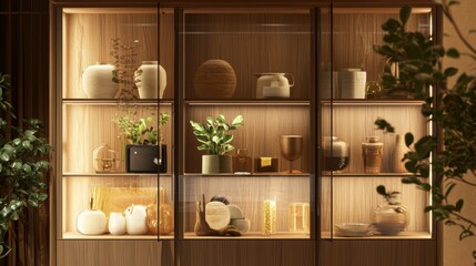 Poster - Elegant display cabinet featuring illuminated shelves filled with decorative ceramic art objects and potted plants